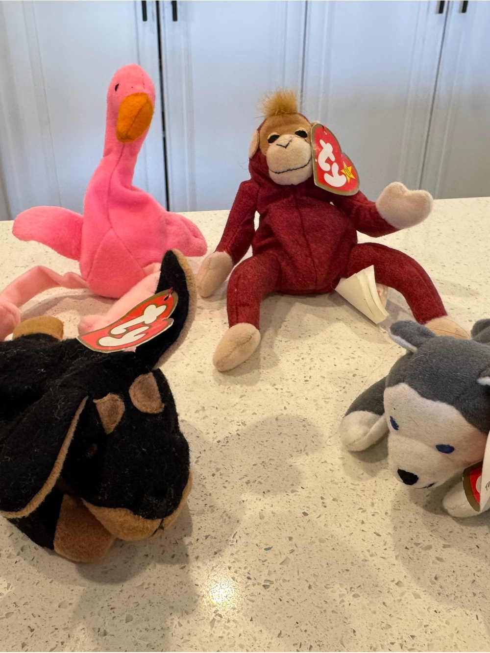 Ty teenieRed Monkey Beanie Plush with Heart Tag, husky, Rottweiler and flamingo